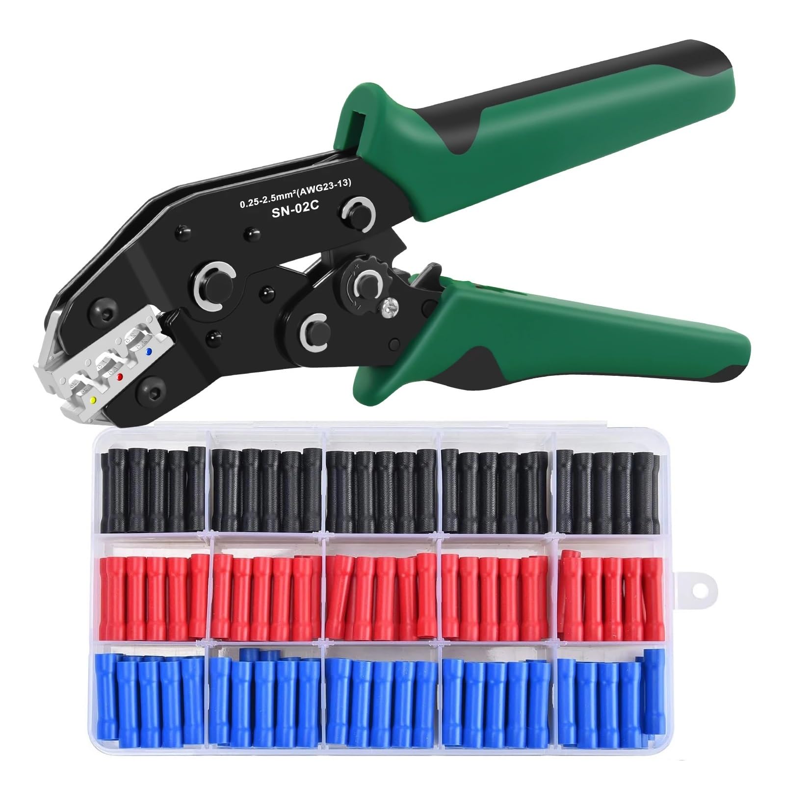 Kit de herramientas crimpado terminales cable 02C con 225 conectores empalme eléctrico aislados - Alicates trinquete
