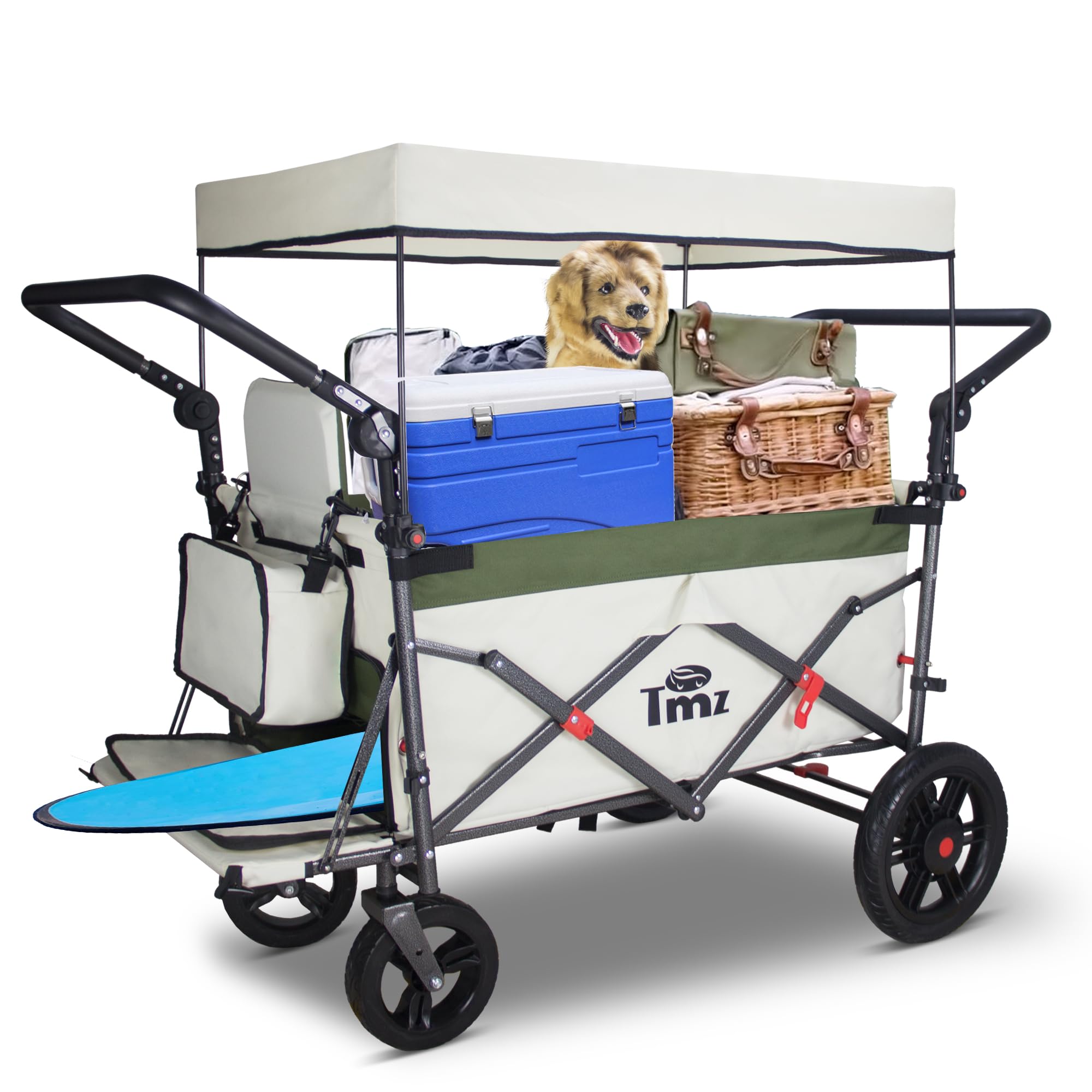 TMZ Bollerwagen Faltbar mit Zwei Klappbaren Sitzen, Handwagen mit Dach&Bremse, Vorderseite Aufklappbar, Aufhängetasche und Vier Schnell Abnehmbaren Rädern für Camping Strand Einkauf Tier (Weiß/Grün)