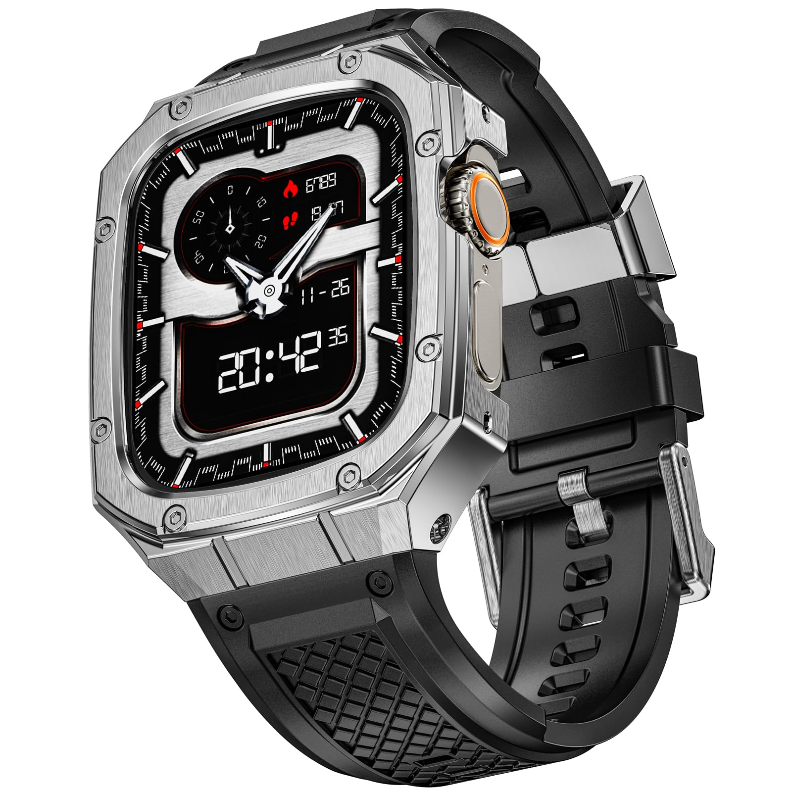 (similar to) suplink stainless steel case with silicone band compatible with apple watch ultra 2/1 49mm metal rugged protector cover for iwatch men (silver)