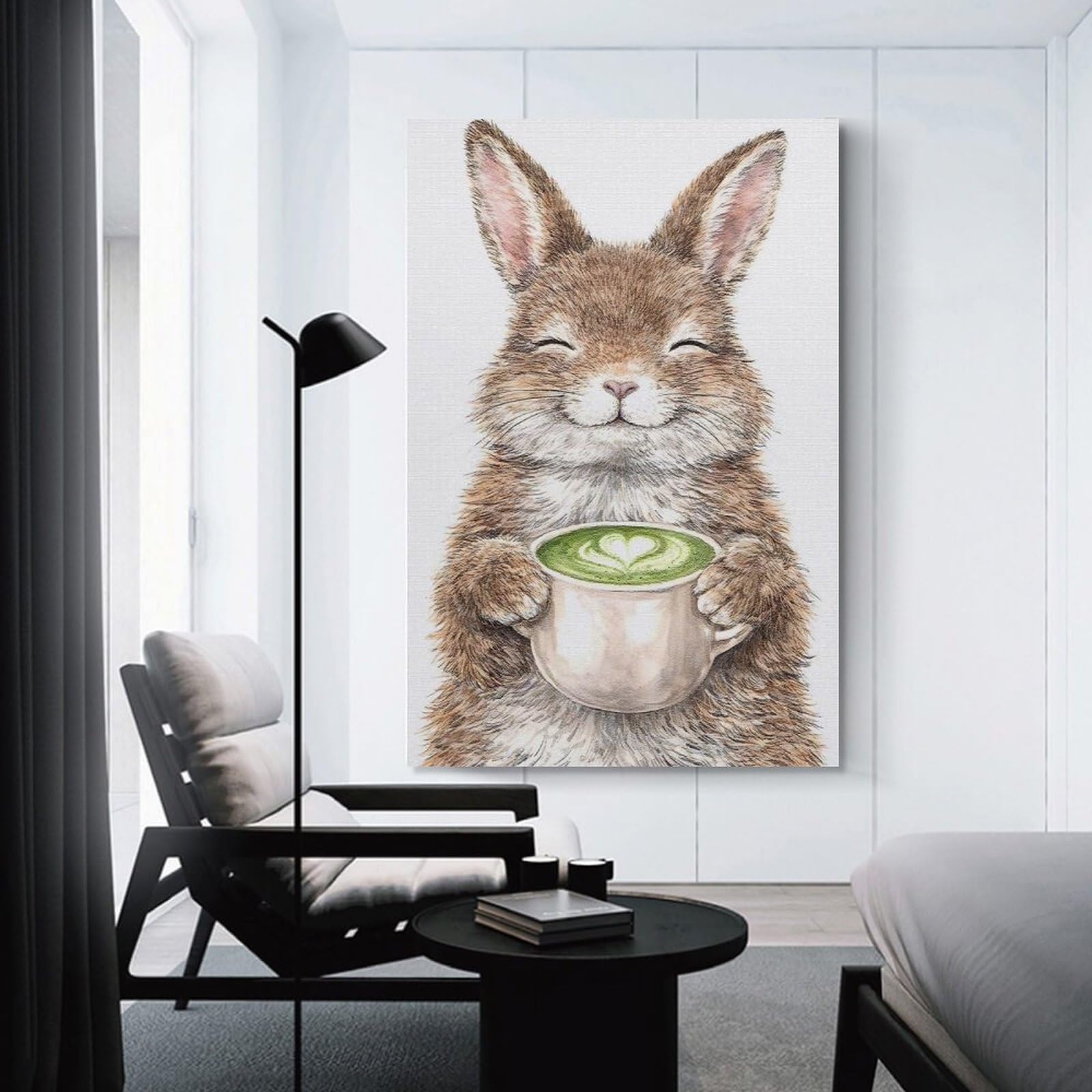 Junmoney Cute Bunny Holding Matcha Latte Home Decor Wall Art, 24x36inch(60x90cm), for Bedroom Walls, Guest Spaces Or Lounges, A Warm Accent for Relaxed Interiors