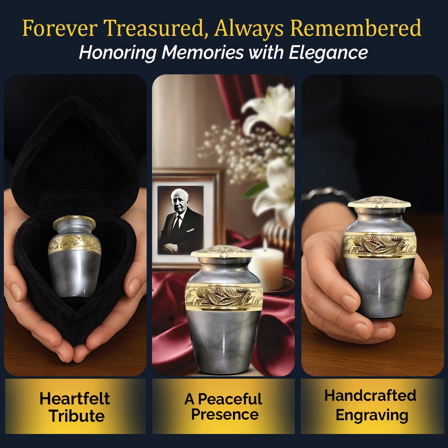 Small Urns for Human Ashes with Velvet Heart Case - Beautiful Gray Brass Hand Engraved Mini Memorial Urn for Ashes - Keepsake Cremation Urn for Mom, Dad, Baby & Someone Special