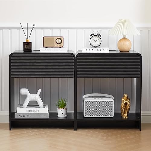 Miniatura 19 de Juego de 2 mesas auxiliares estriadas con estación de carga, mesa auxiliar moderna de mediados de siglo con almacenamiento de cajones, mesitas de 2