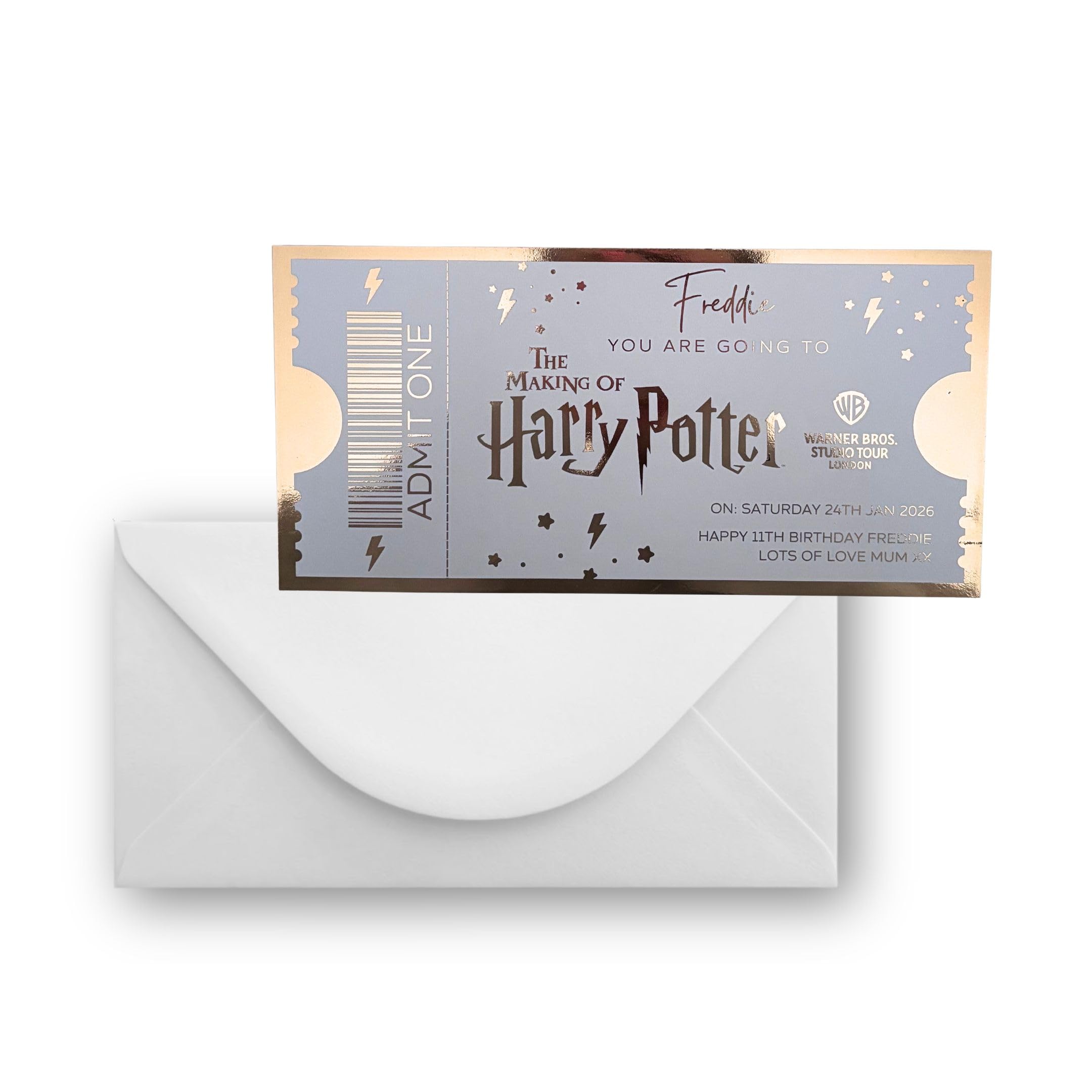 Personalised Studio Tour Trip Reveal Ticket - Harry - Golden Ticket - Card Surprise Gift Foil Luxury Rainbow Gold Silver Birthday Gift
