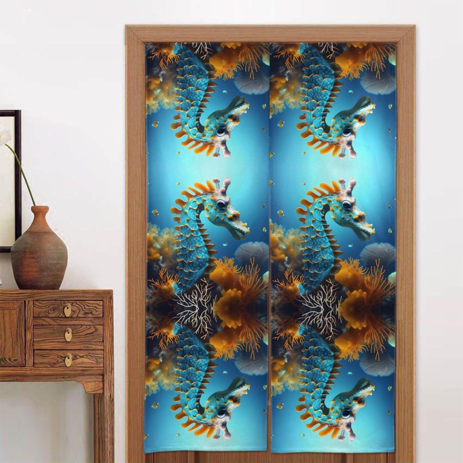 CNTDBU Blue Seahorse Door Curtain 34x56 Inch-Room Divider Panel for Privacy, Entryway Screen for Kitchen Bedroom