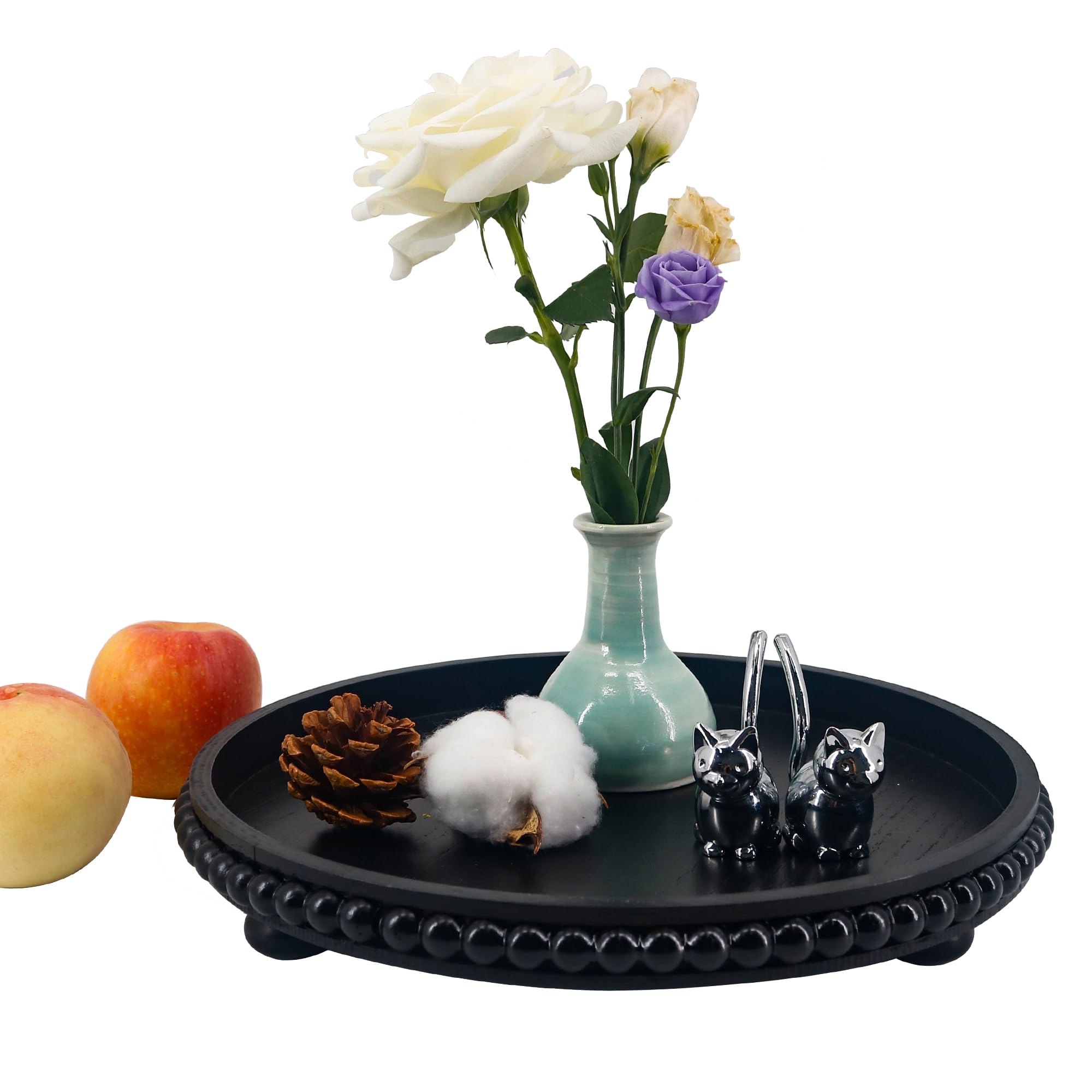 GMFrames Round Decorative Tray Coffee Table Tray with Wood Beaded,Rustic Centerpiece Serving Tray for Farmhouse Kitchen Decor,Bathroom Organizer Black