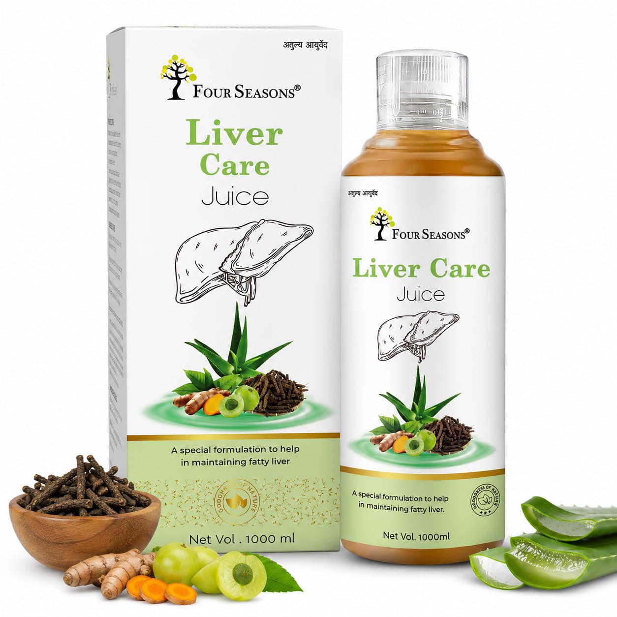 Four Seasons Liver Care Juice| Fatty Liver Ayurvedic Medicine | Liver Detox Supplement | 5+ Herbs Aloe Vera, Bhumi Amla, Bhringraj, Kasni - No Added Sugar (Pack of 1)-image-15