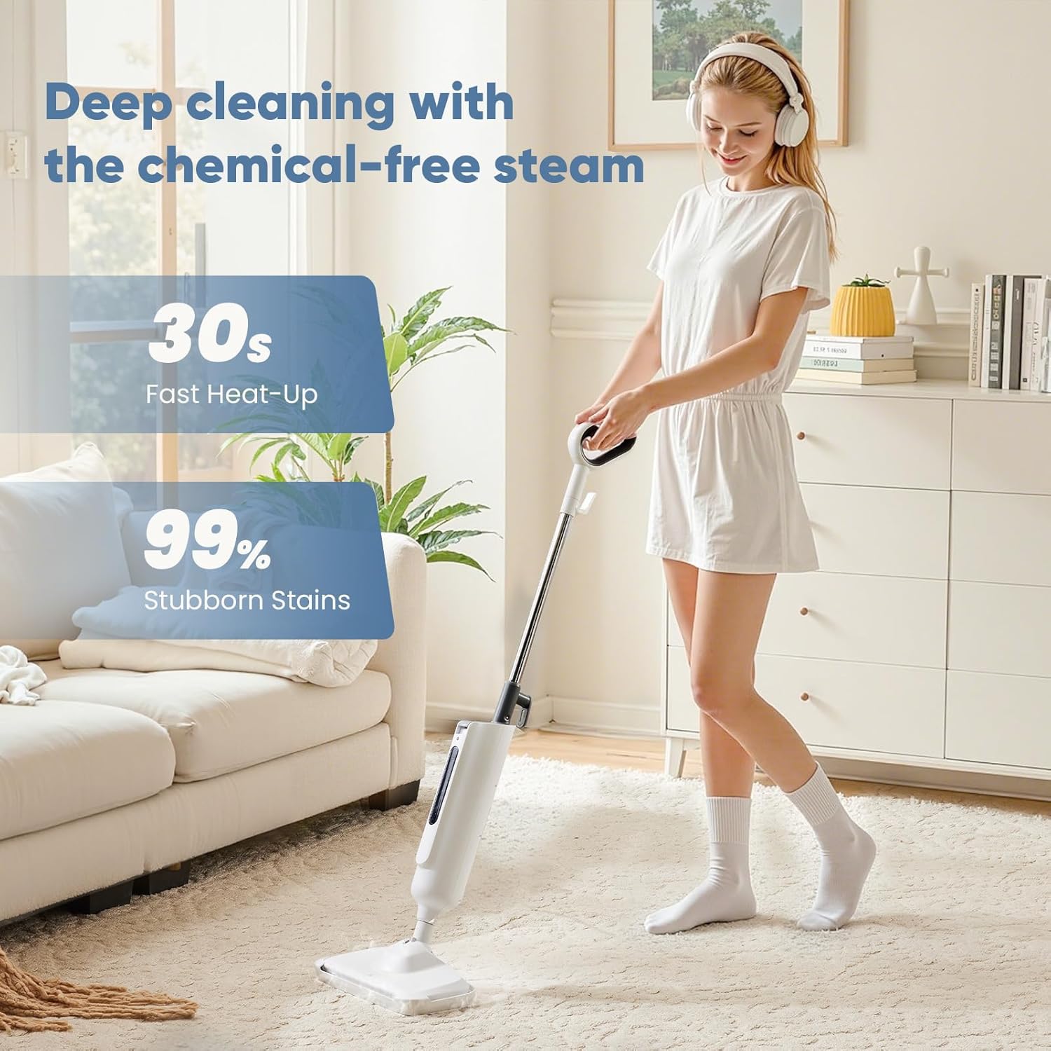 DUMOS Steam Mop for Floor Cleaning, Detachable Handheld Steam Cleaner, Suitable for All Floors Like Tiles, Hardwood, Stone, Lightweight with 2 Washable Pads,White and Gray