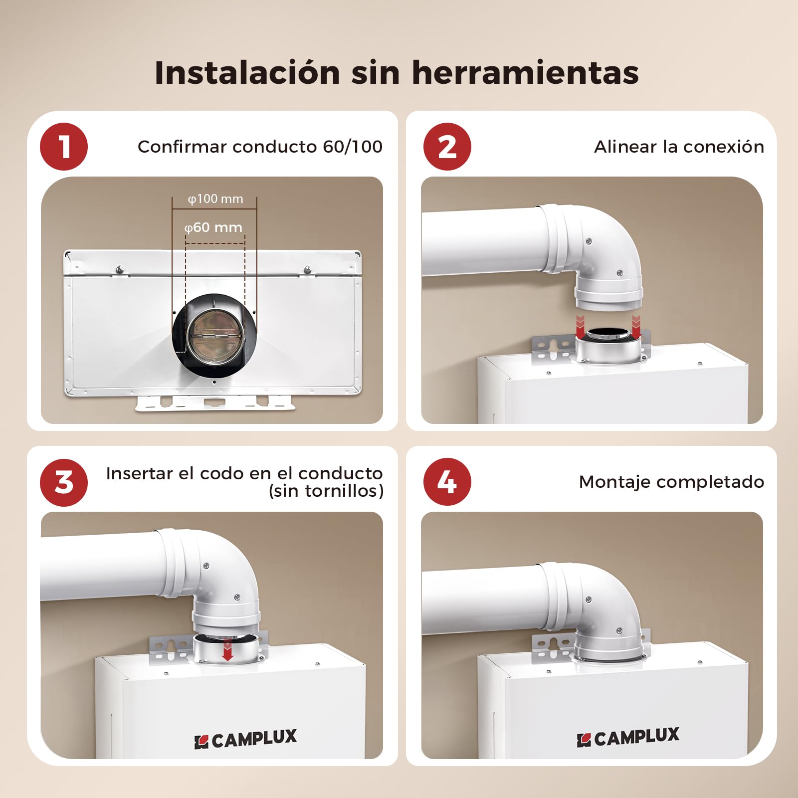 CAMPLUX Kit Coaxial Horizontal 60/100 mm para Modelo GX318 – Codo 90°, Set de Terminal de Pared, Tubo de Aluminio, Compatible con Calentador de Agua a Gas (11-14 L/min), VP90T