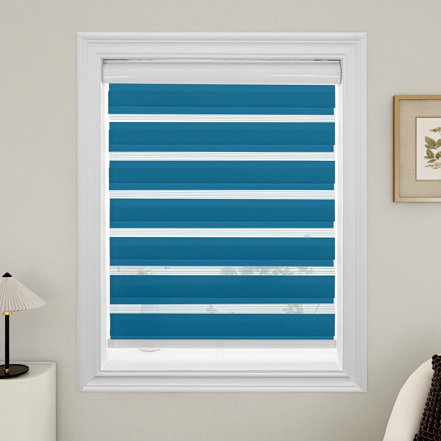 LUSTROWIN Cordless Zebra Blinds for Windows, Dual Layer Light Control Blinds for Indoor Windows, Light Filtering Roller Blinds & Shades, Lake Bule, 27" W x 48" H