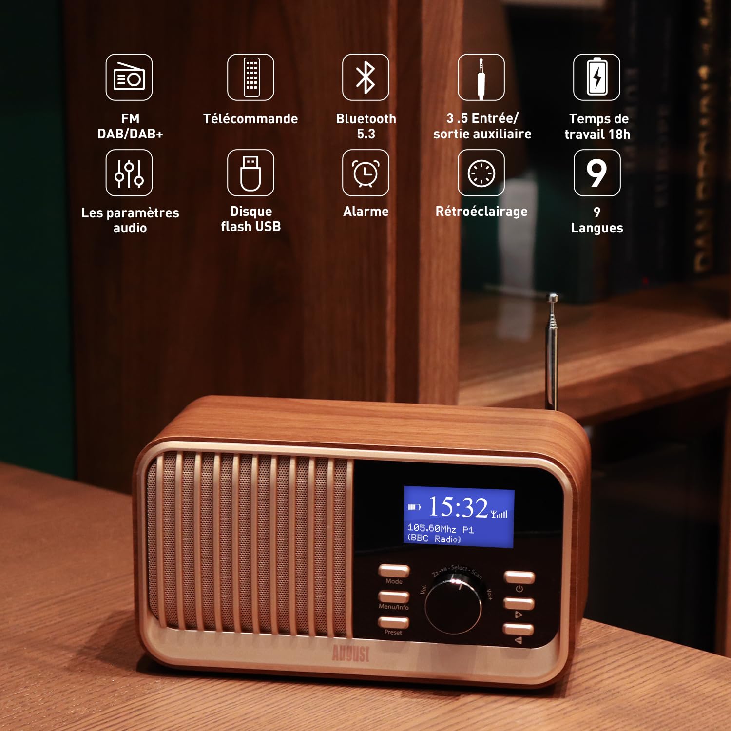 August MB450K - Radio Dab/Dab+/FM Rechargeable Double Réveil, Radio Portable Rétro avec 60 Présélections, Haut-Parleur Bluetooth 5.3, USB/AUX/Carte MicroSD, Autonomie 18H et Télécommande - Chêne