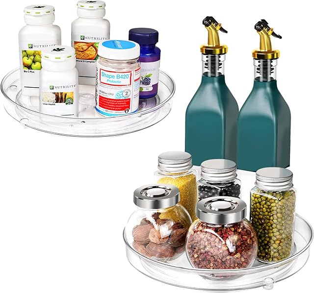 Puricon 2 Pack Lazy Susan Turntable Cupboard Organiser 23 * 2.5 cm, Rotatable Spice Rack Fridge Organisers Acrylic Storage Rack Cupboard Condiment Spinning Tray for Kitchen Storage