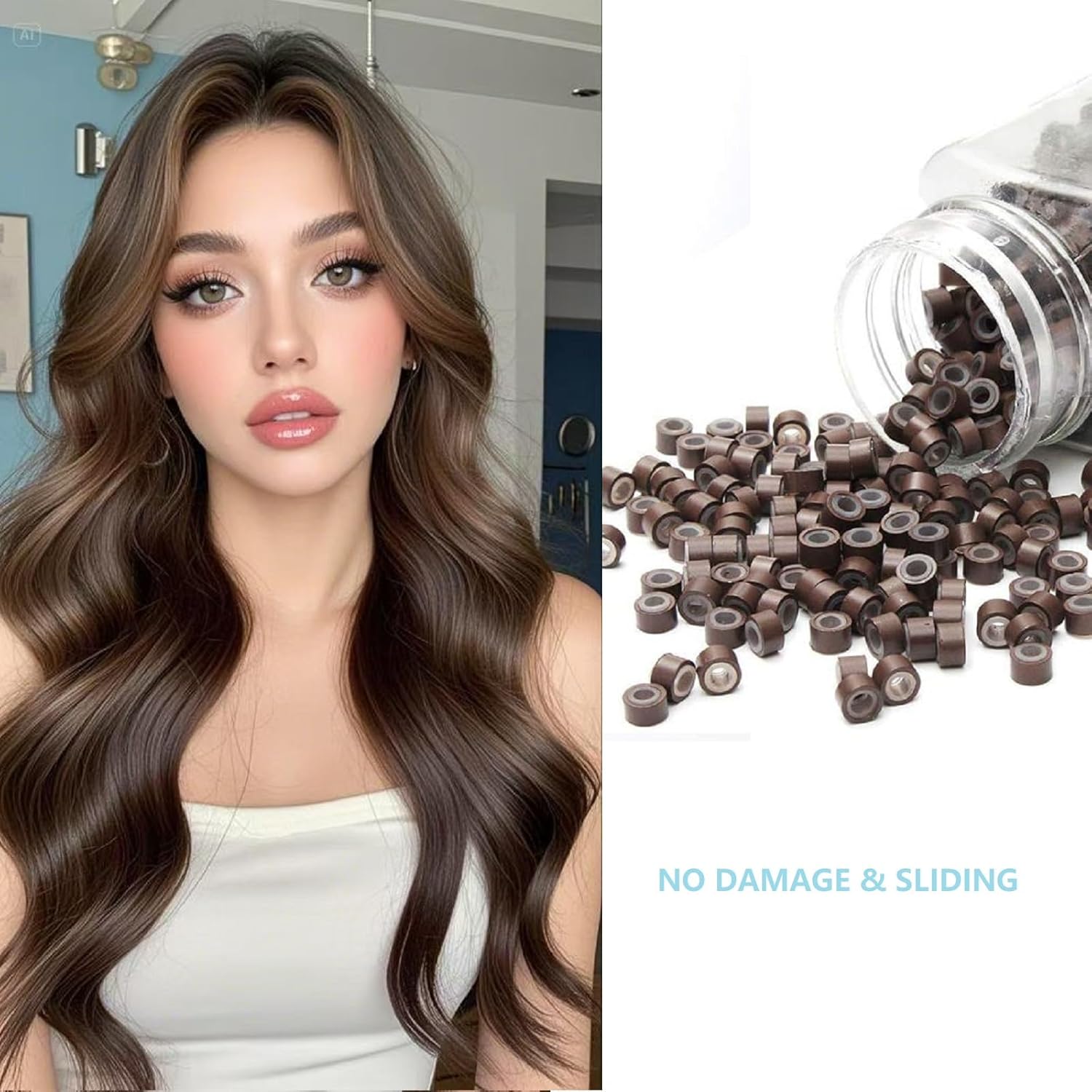 Hair Extension Beads Silicone Lined Micro Link Rings Beads for I Tip Extension 1000Pcs, Black - Image 3