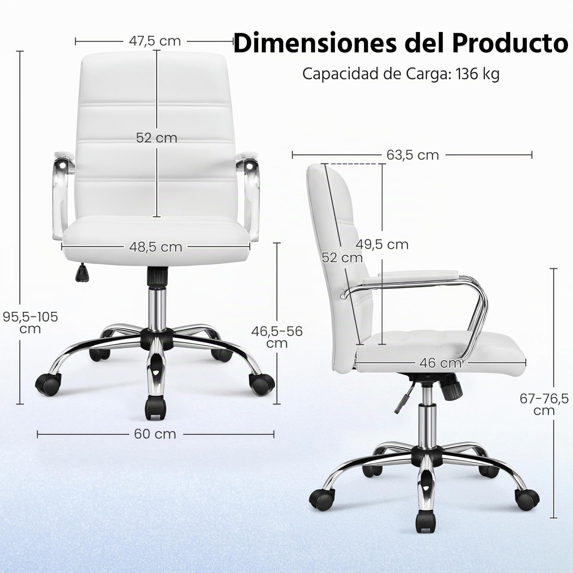 Yaheetech Silla Escritorio Giratoria de Oficina Silla Ergonomica Escritorio con Respaldo Tapizado Asiento Sintético Altura Ajustable Blanco