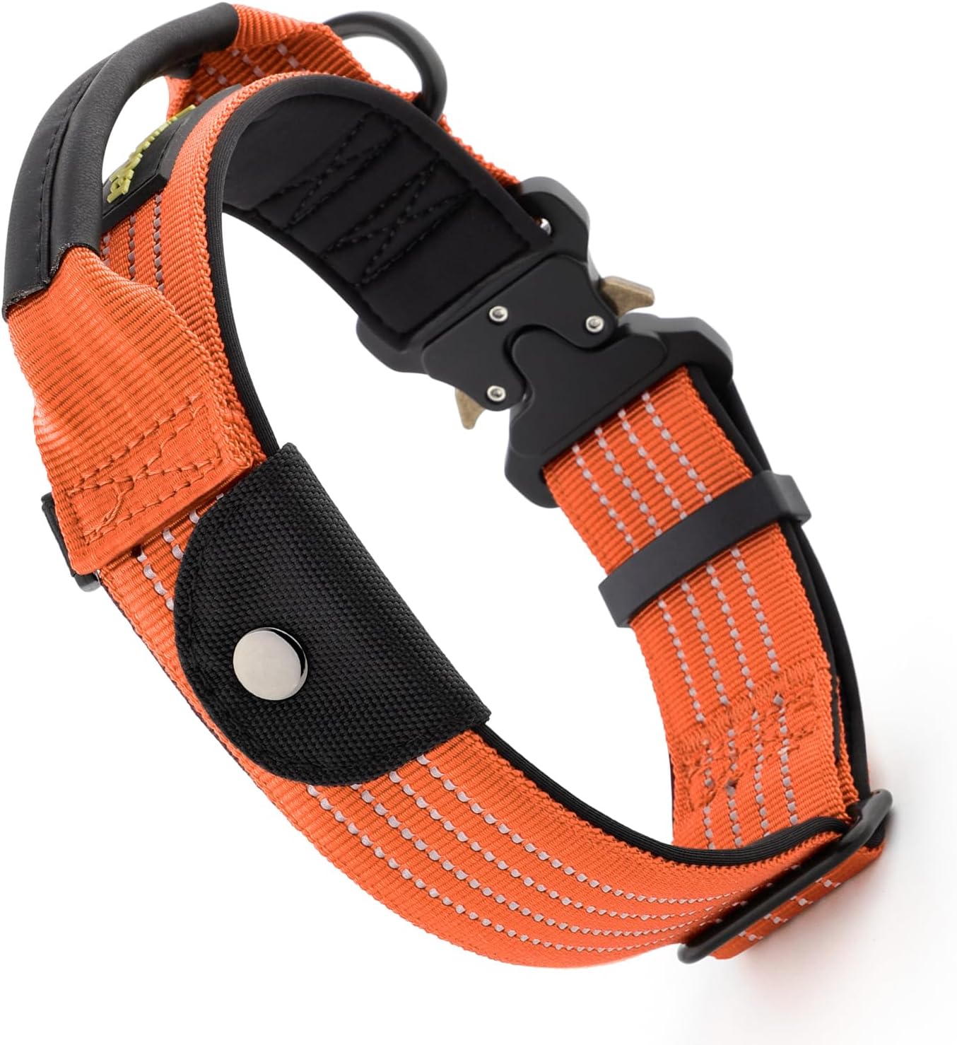 Plutus Pet Tactical Dog Collar with Tracker Pocket for AirTag, Adjustable Reflective Nylon Collar, Metal Buckle, Leather-Wrapped Handle, Soft Padded for Medium Large Dogs (Orange, M)