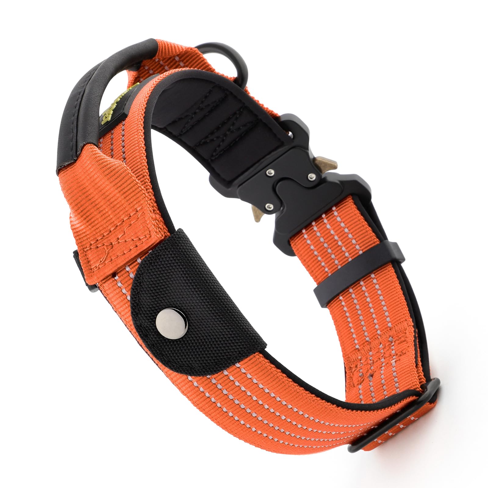 Plutus Pet Tactical Dog Collar with Tracker pocket for AirTag Adjustable Reflective Nylon Collar, Metal Buckle