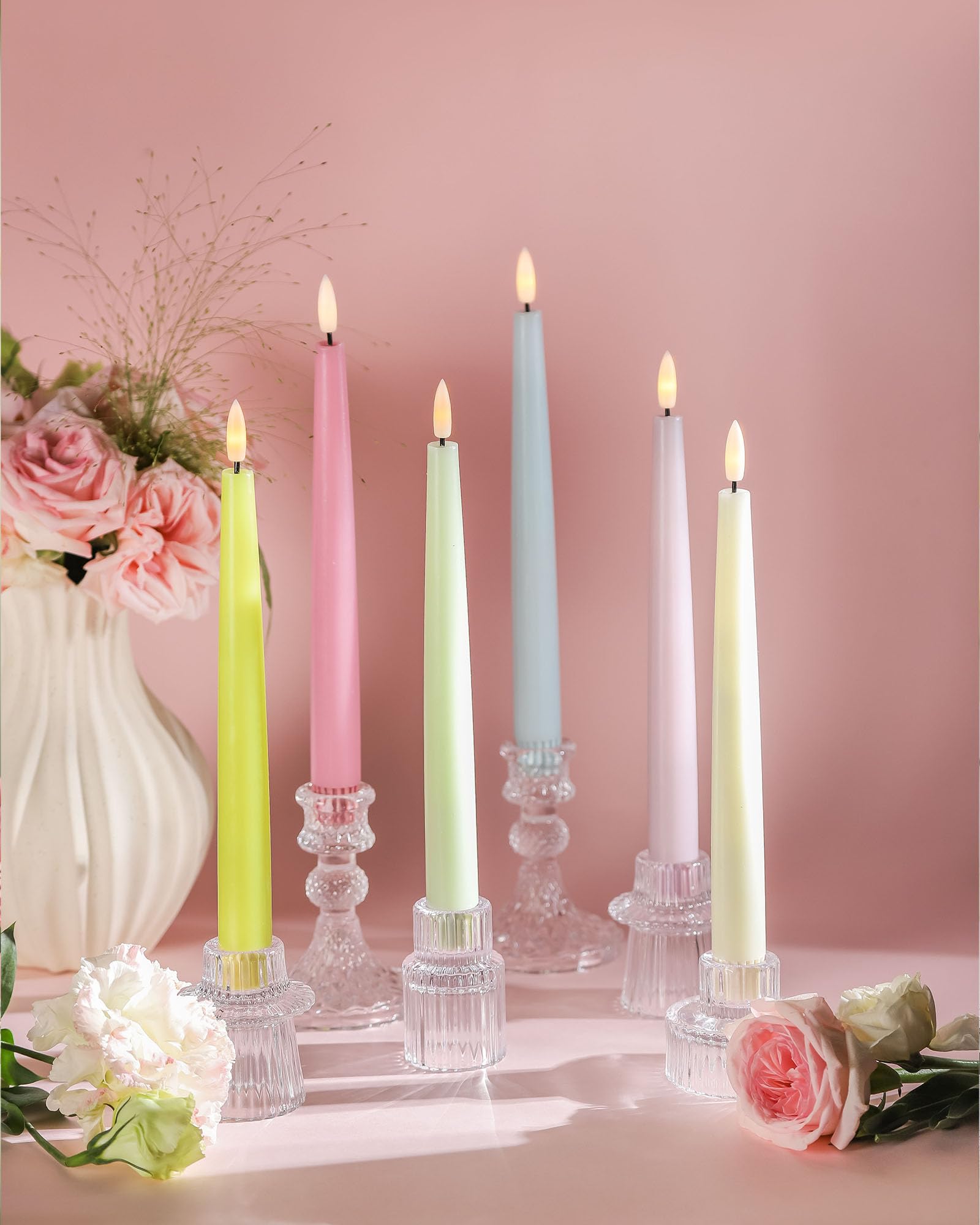 Stmarry Candele coniche senza fiamma multicolore pastello con telecomando e timer, candele a LED in vera cera da 24 cm, antigoccia, funzionamento a batteria, candele alte con fiamma tremolante 3D
