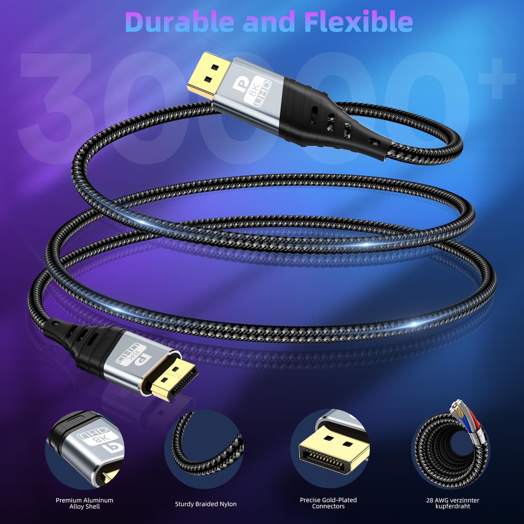 Cable Displayport 1.4 2M - 8K Cable DP 8K@60Hz, 4K@165Hz,2K@240Hz/165Hz/144Hz, HBR3 32.4Gbps, HDR, DSC 1.2, HDCP 2.2, G-Sync&FreeSync, Compatible con PC Monitor Pantallas de Juego