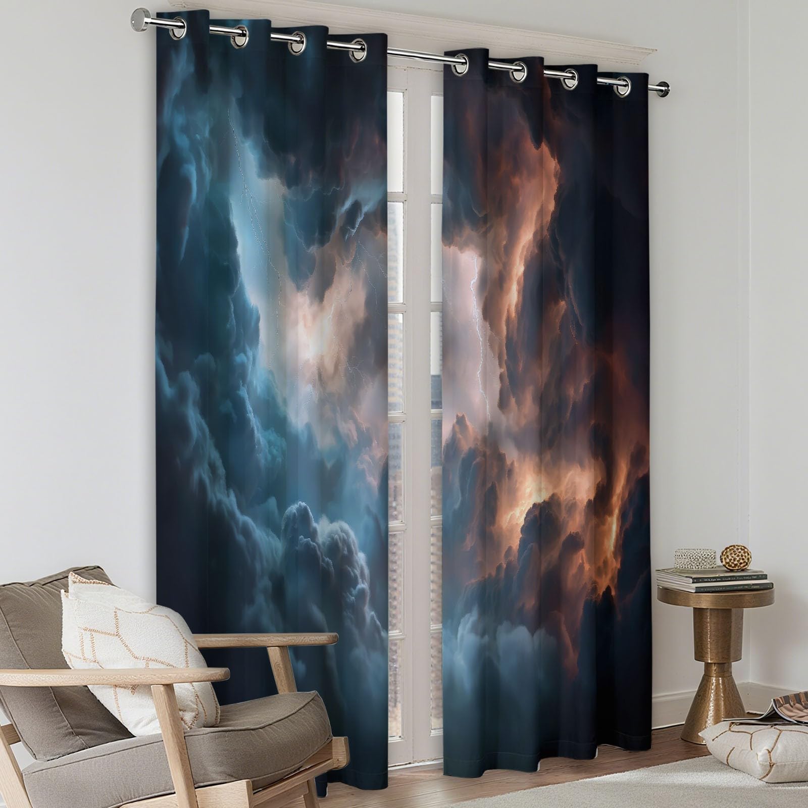 Rideau Occultant Gris, Style Fantastique Nuages Sombres Éclairs Rideaux à Oeillets, Rideau Thermique Isolant Anti Froid et Chaleur pour Salon Chambre Fenetre Décoration 110L x 215H cm Lot de 2
