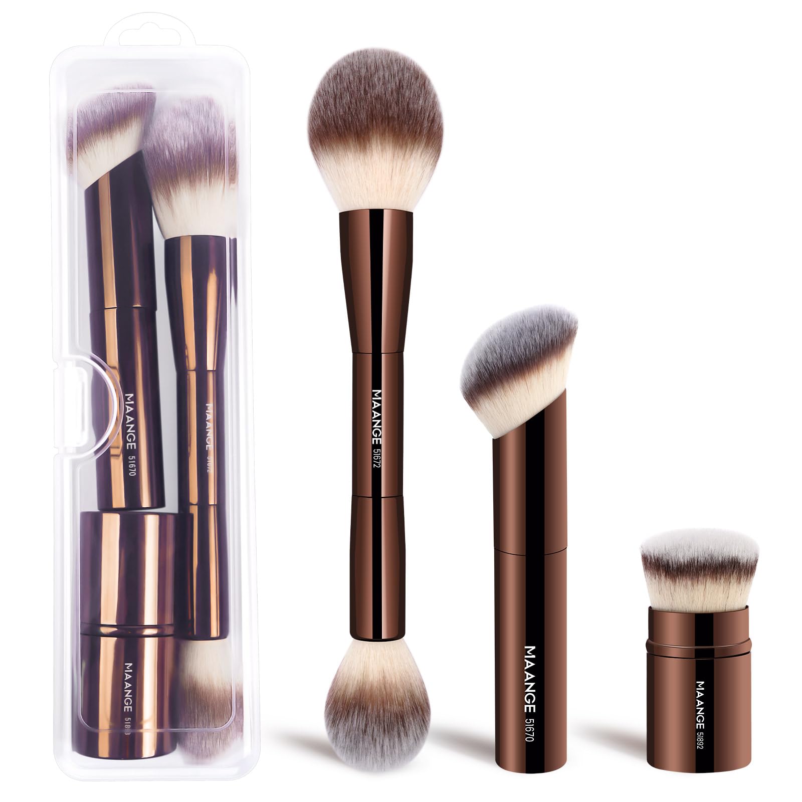 MAANGE Set di 3 pennelli per fondotinta, kabuki, a doppia estremità, pennelli per contouring, per cipria liquida, correttore, crema, cosmetici, miscelazione, fard, lucidatura, strumenti per il trucco