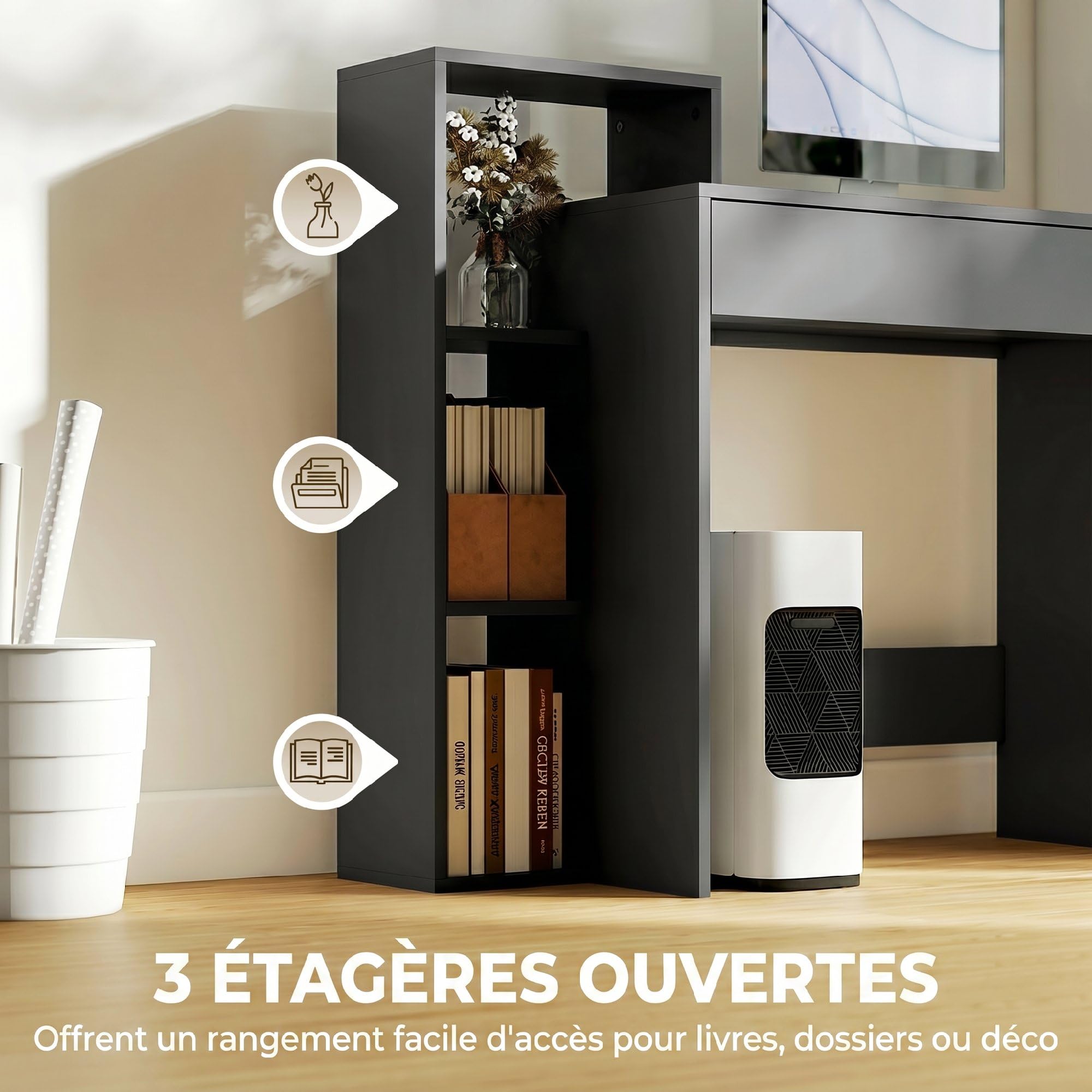 HOMCOM Escritorio con Almacenamiento, Escritorio PC, 100x40x90 cm, Negro | con 3 estantes, cajón, estación de trabajo, Escritorio de computadora para teletrabajo, sala de estar