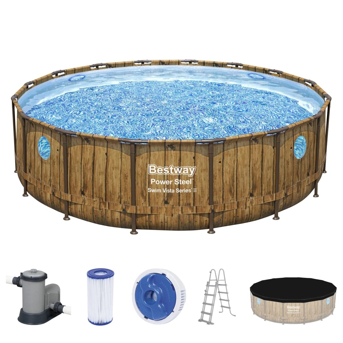 Bestway Power Steel Swim Vista Series Frame Pool Komplett-Set mit Filterpumpe Ø 488 x 122 cm, Holz-Optik (Pinie), rund