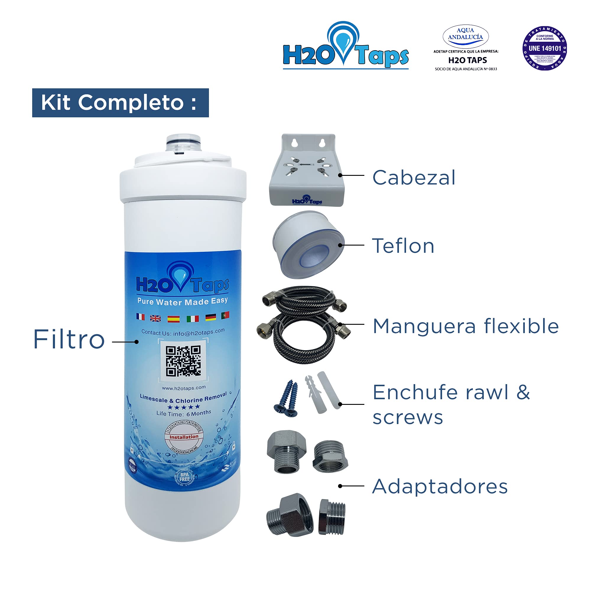 Filtro de Agua para debajo del fregadero - Purificador de agua, Sistema de filtrado, Reduce cal, plomo, cloro, metales - Filtro bajo encimera, Alta Capacidad, Fácil de Instalar