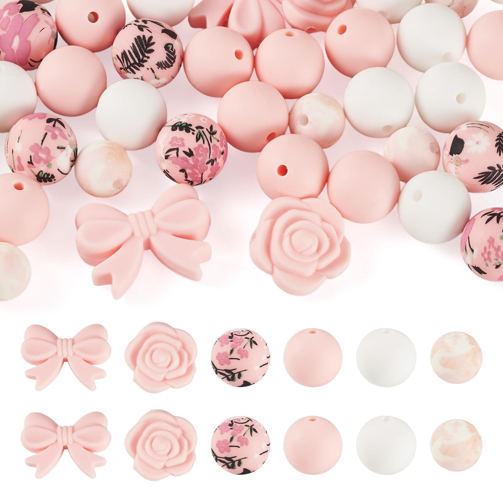34Pcs Pinnk Silicone Focal Beads for Bracelets Making Bowknot Silicone Beads for Pen Assorted Flower Rose Round Rubber Charms for Mother Father's Day Necklace Bracelet Jewelry Making