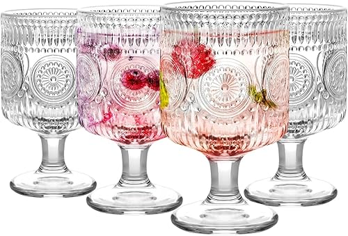 Ymyaye Juego de 4 copas de vino vintage, copas transparentes en relieve de 8 onzas, copas de cóctel para bebidas, vasos de vino para agua, fiestas,
