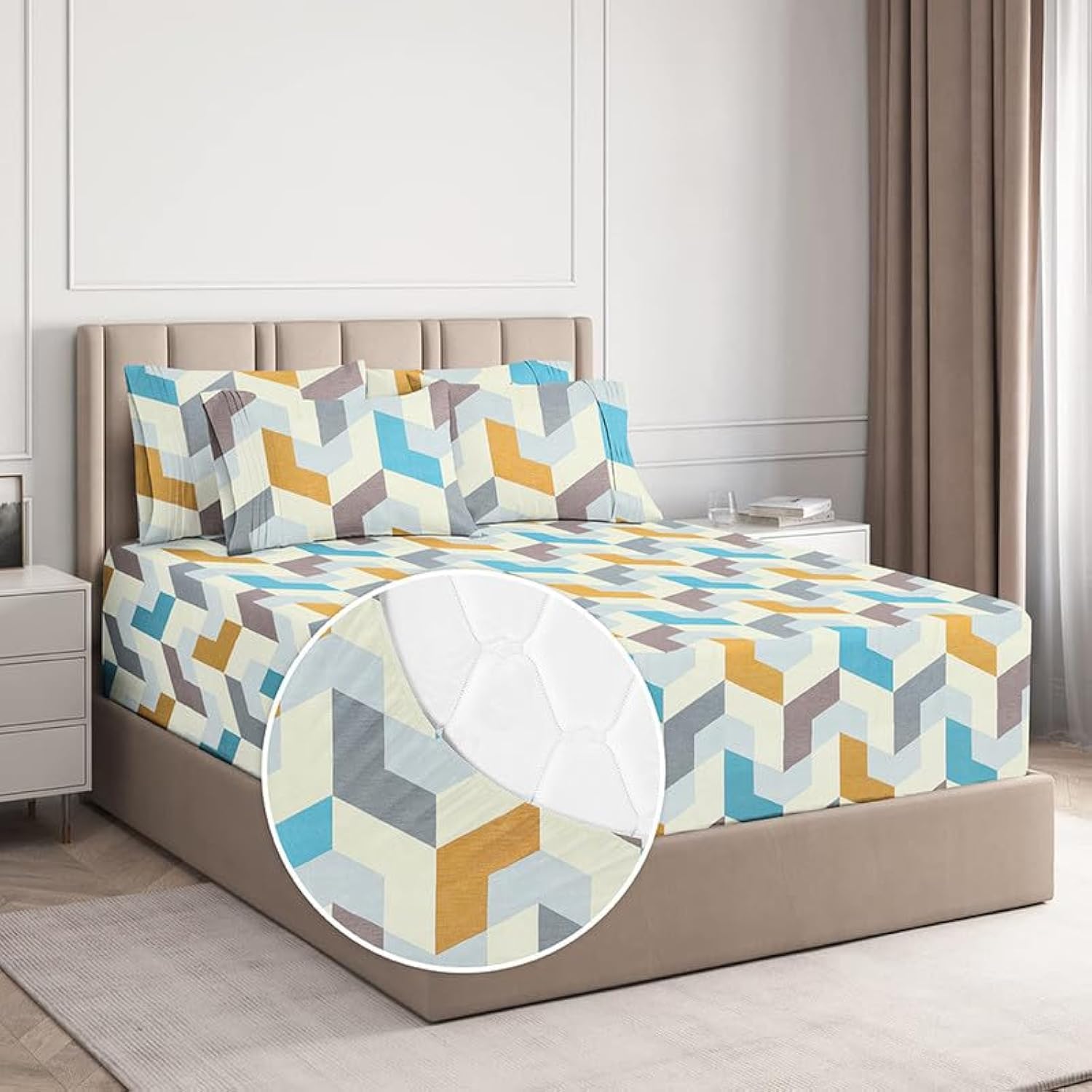BSB HOME Fitted Bedsheet for King Size Bed Cotton Elastic Fitted with Deep Pocket 220 Tc Wrinklefree | Breathable Super Soft Sheet for King Size Mattress - Teal Grey & White, 78 x 72 +12 Inches