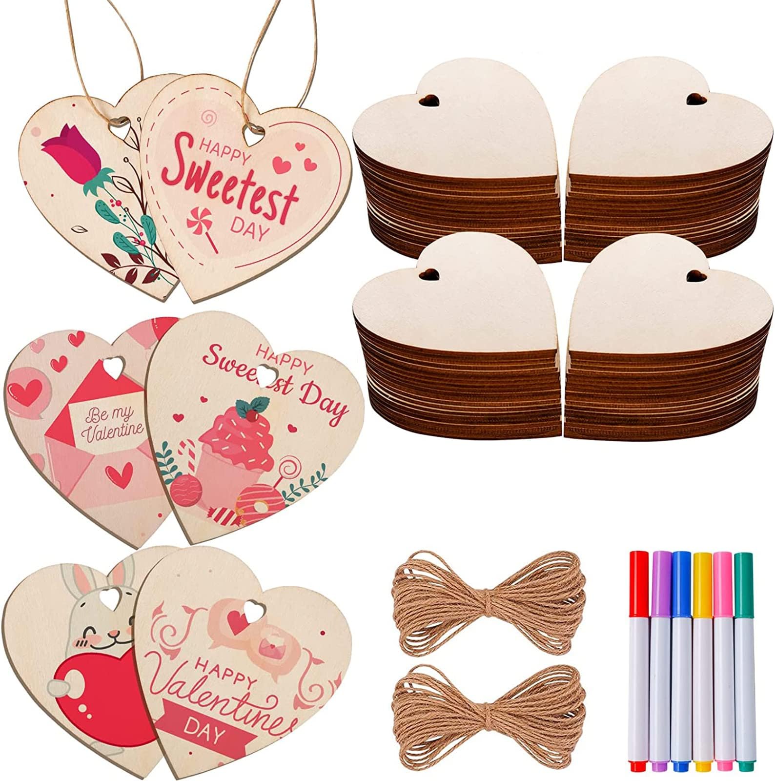 MGparty60Pcs Natural Heart Wood Slices, DIY Mother's Day Bulk Wooden Hearts for Crafts, Unfinished Paintable Wooden Hanging Decorations, Wood Kit for Crafts