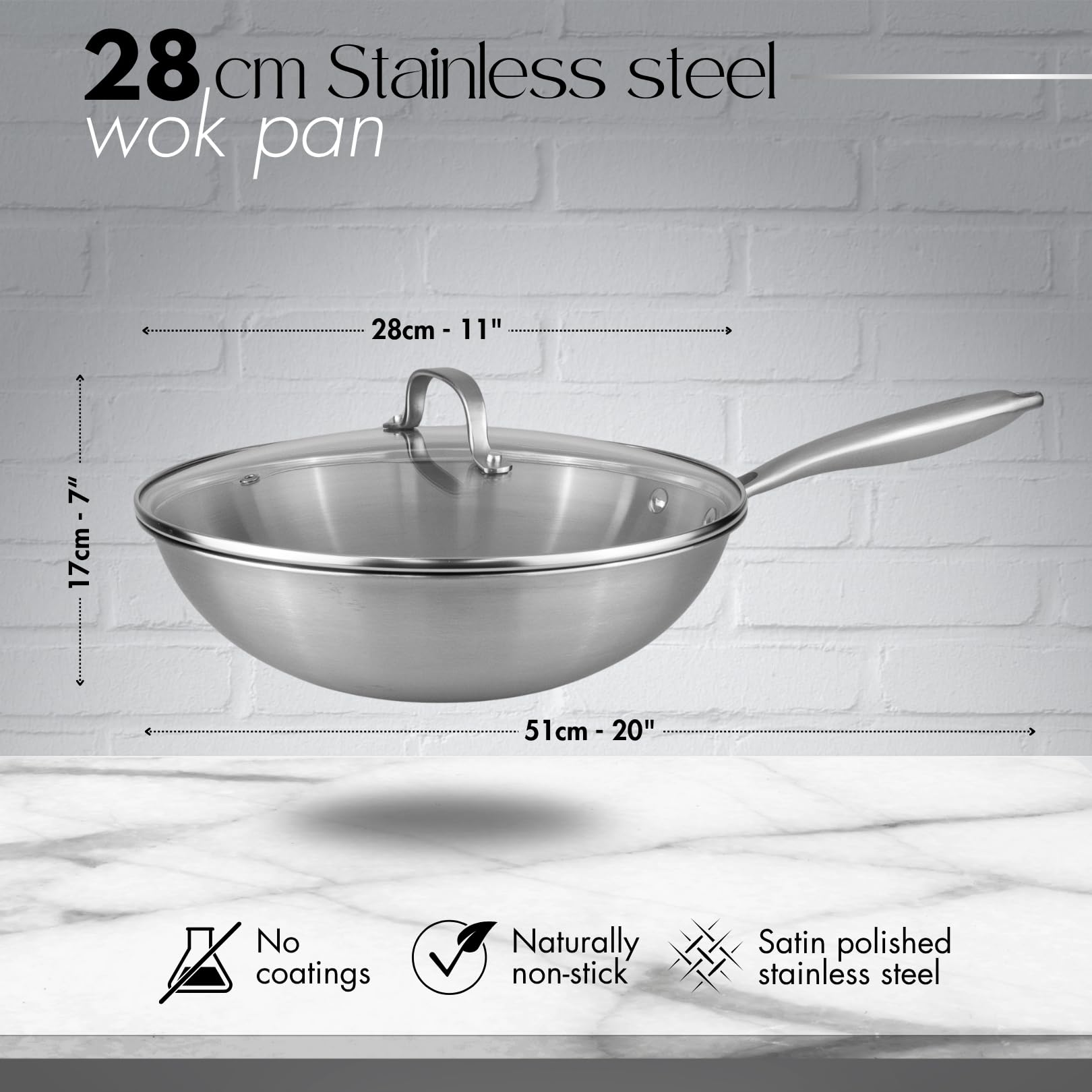 Juego de ollas y sartenes de acero inoxidable – Sartén wok de 28 cm – Utensilios de cocina de inducción – Apto para horno