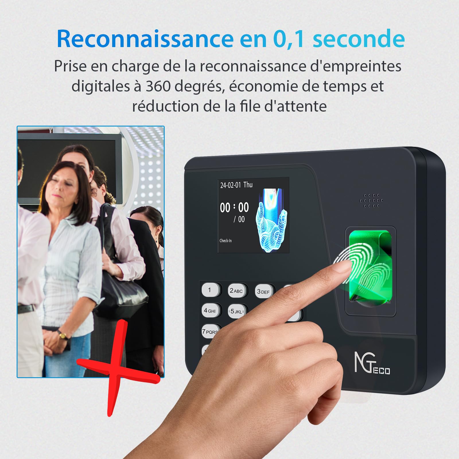 NGTeco Pointeuse Horaire Personnel pour Les organisations de Moins de 1000 employés, avec calcul Automatique, Horloge biométrique à Empreintes digitales AS10 avec USB 8 GB (Français)