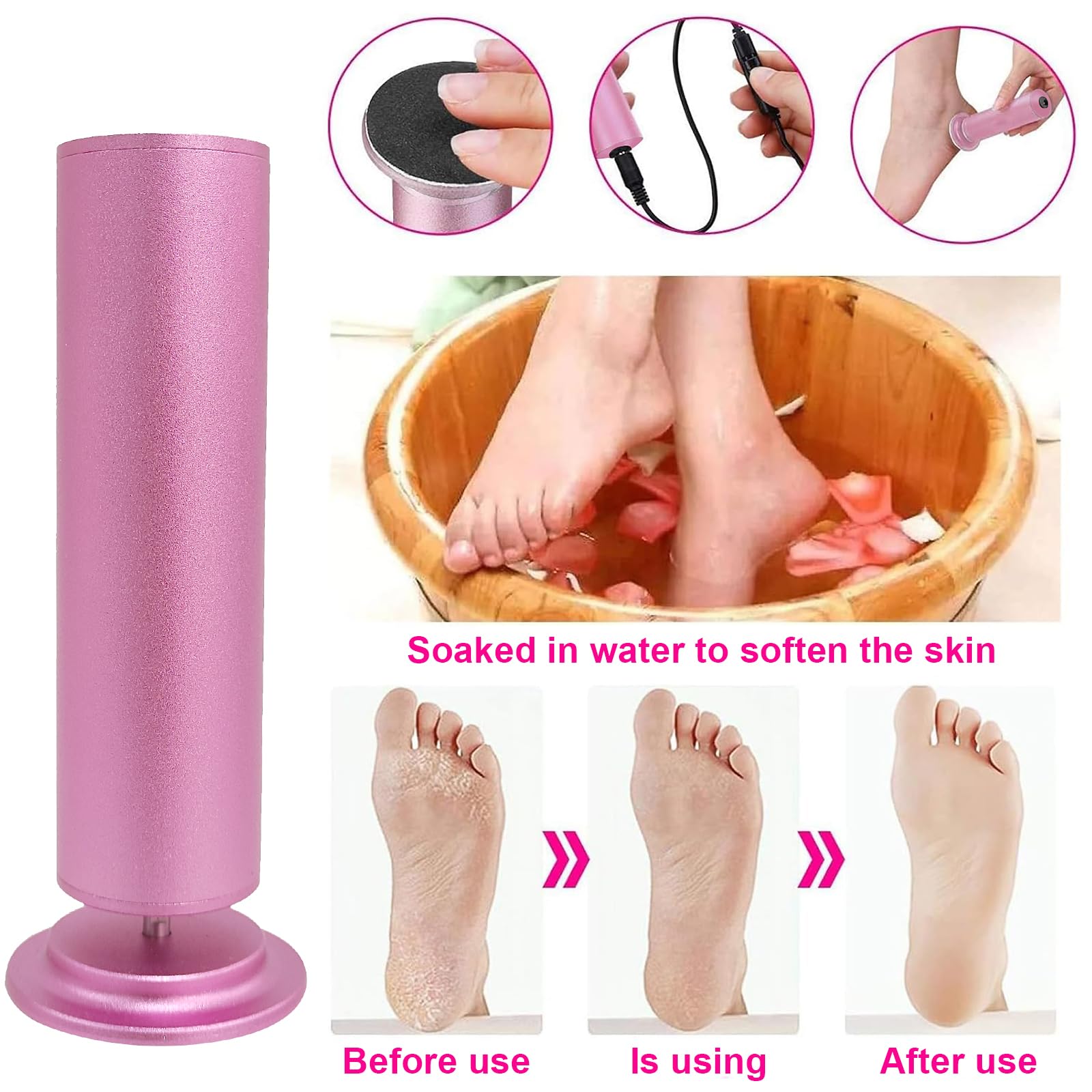 Removedor eléctrico de callos de pies, herramienta profesional de pedicura con 60 papeles de lijado, color rosa