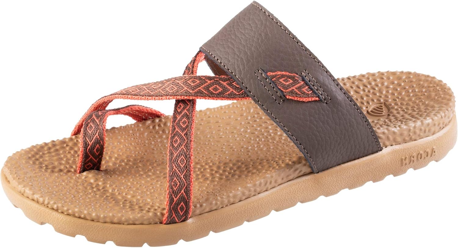 Acorn Women's Everywear Riley Sandal, lightweight slip-on with a cushioned footbed plus a soft fabric and leather strap, Walnut, 9