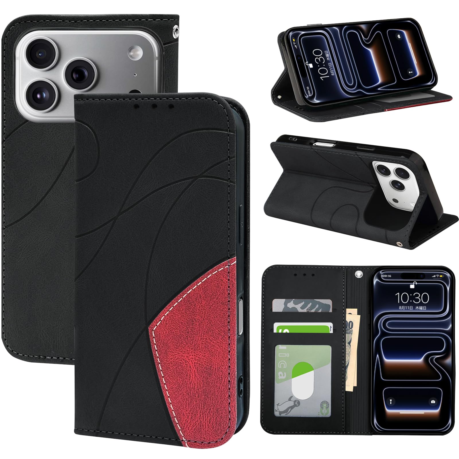 iPhone17Pro用の ケース 手帳型 カード収納 スマホケース アイフォン17Pro用の 財布型 カード 耐衝撃 ストラップホール 高级PUレザー 携帯カバー 便利 多機能 柔軟なTPU（ブラック）