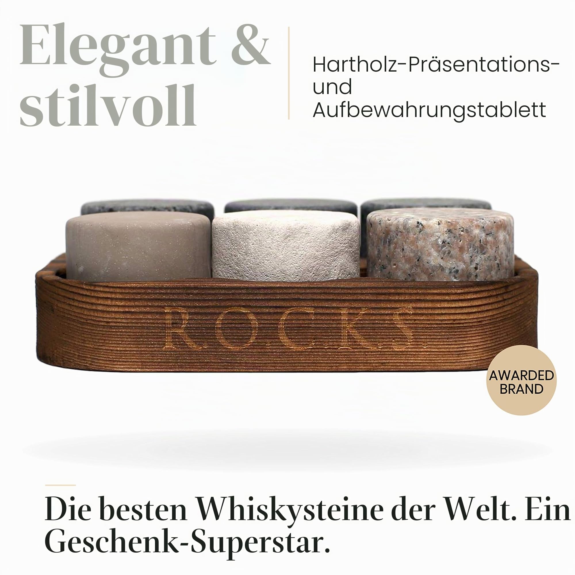 Whiskey Steine Geschenkset- 6 Handgefertigte Premium-Granitsteine - Präsentations & Aufbewahrungsschale Aus Hartholz R.O.C.K.S.