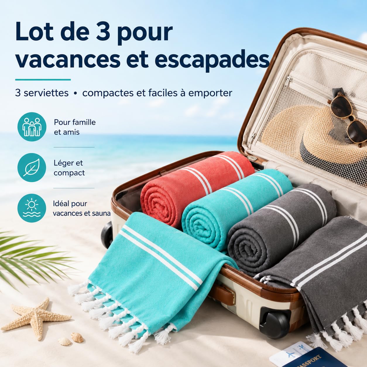 Mon Bijou Set de 3 foutas XXL 200x100 cm – Serviette hammam/Plage – LÉGÈRE, Grand Format, SÉCHAGE Rapide – Bien-être, Sport, Voyage – Stimio