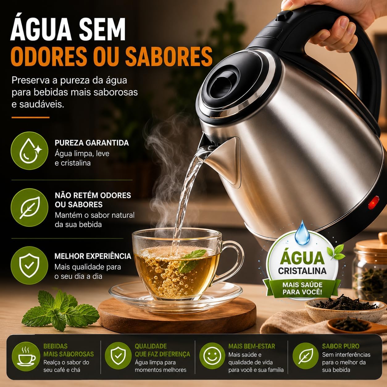 Chaleira Elétrica 2 Litros Inox Desligamento Automatico Cor Aço 220V Aquecimento Rápido Segura Café Chá Fácil Abertura Premium GT (220V)