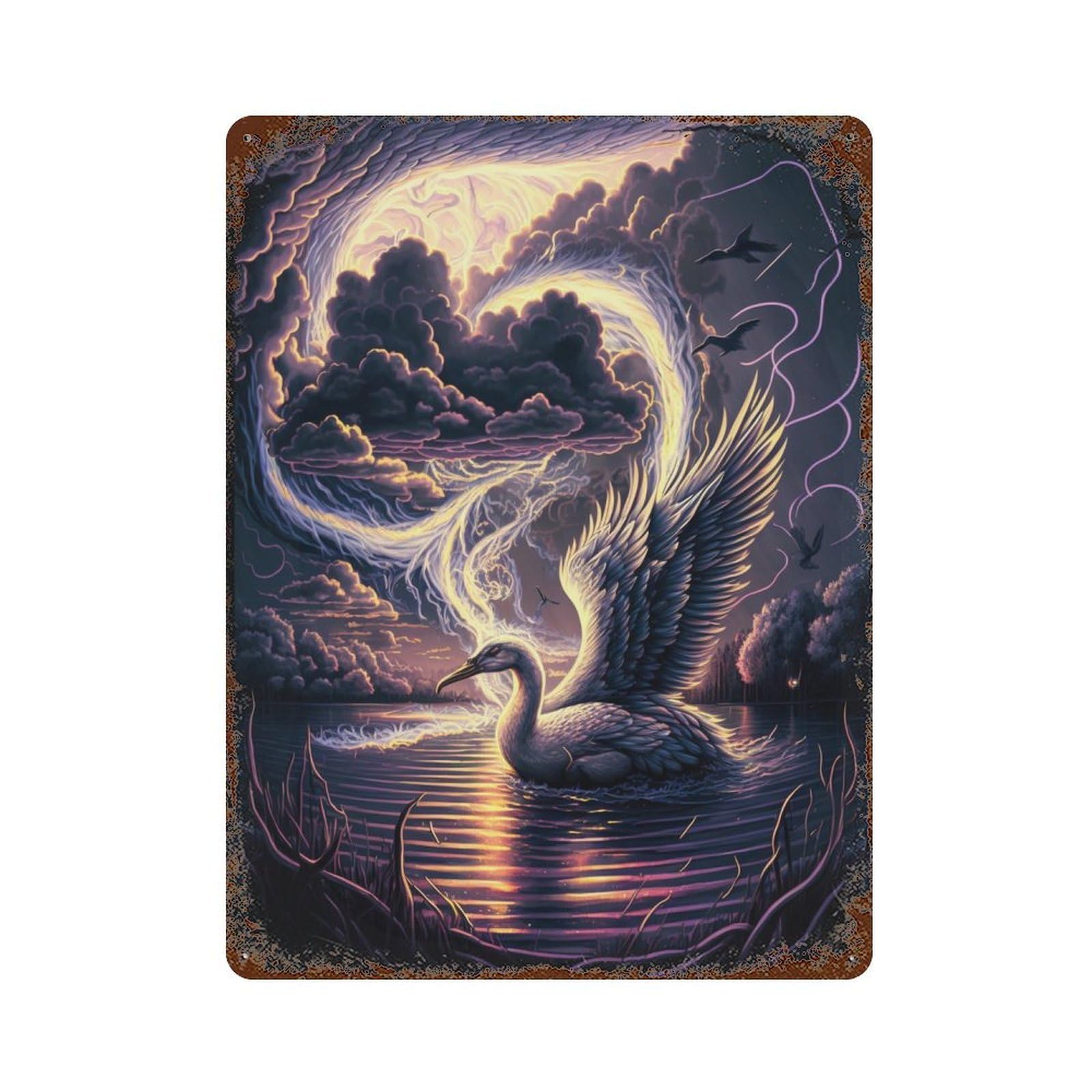 Rust Effect Enchanted Swan Lake Retro Metal Sign 15.7"x11.8", Novelty Wall Decor for Bistro, Counter And Cafe Decor