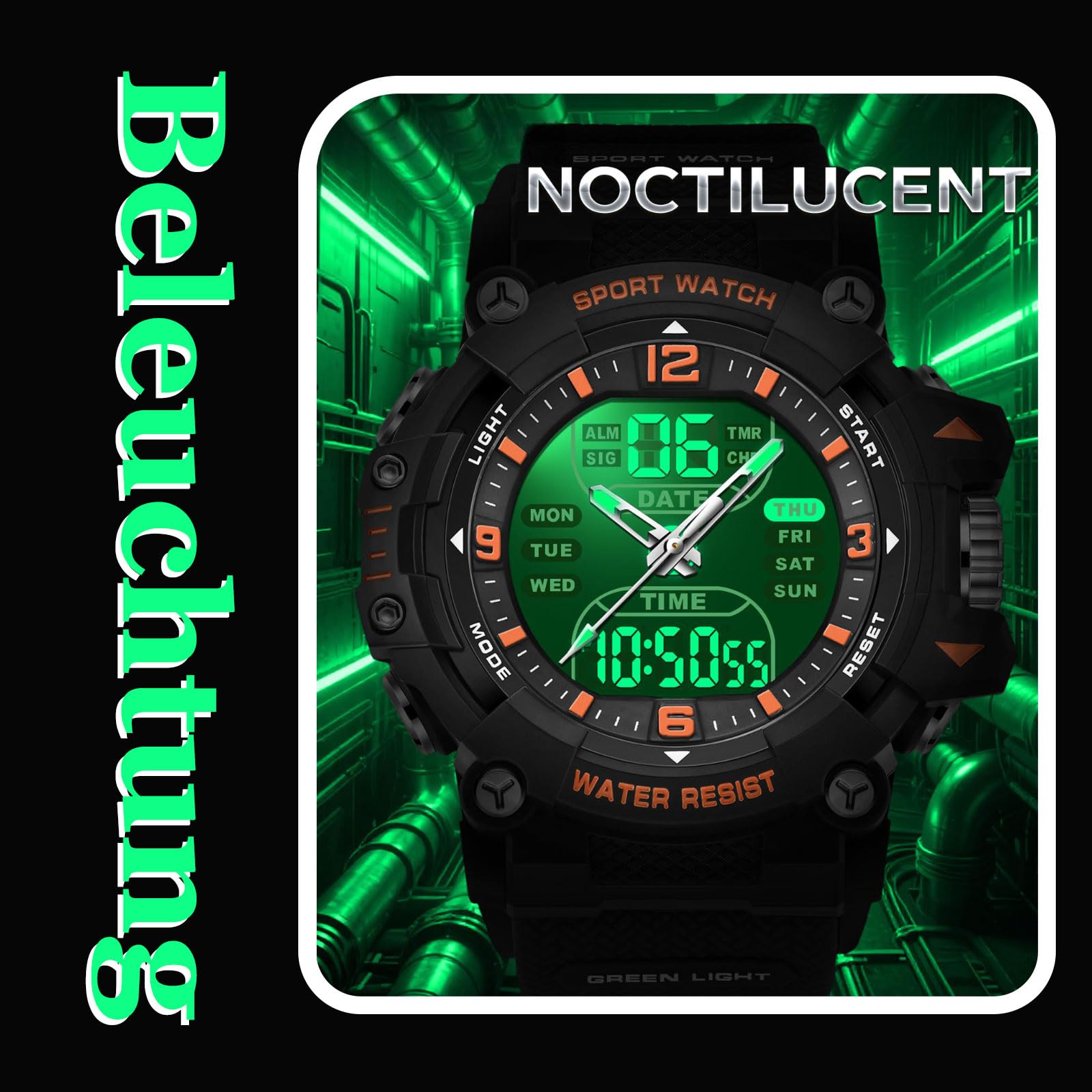 findtime Reloj analógico digital para hombre, reloj deportivo para exteriores, esfera grande, resistente al agua, 5 ATM, iluminación LED, relojes militares para hombres con despertador, fecha