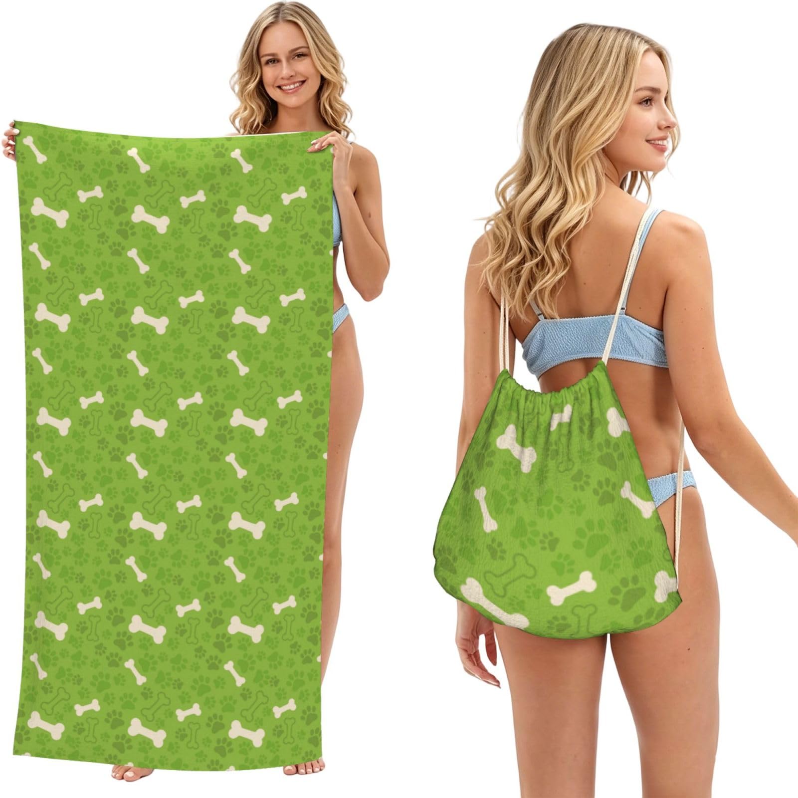 Poadnly As Picture Green Dog Paw Bones, 2 In 1 Packable Towel Bag, Beach Towels With Drawstring Backpack For Travel Holiday Camping