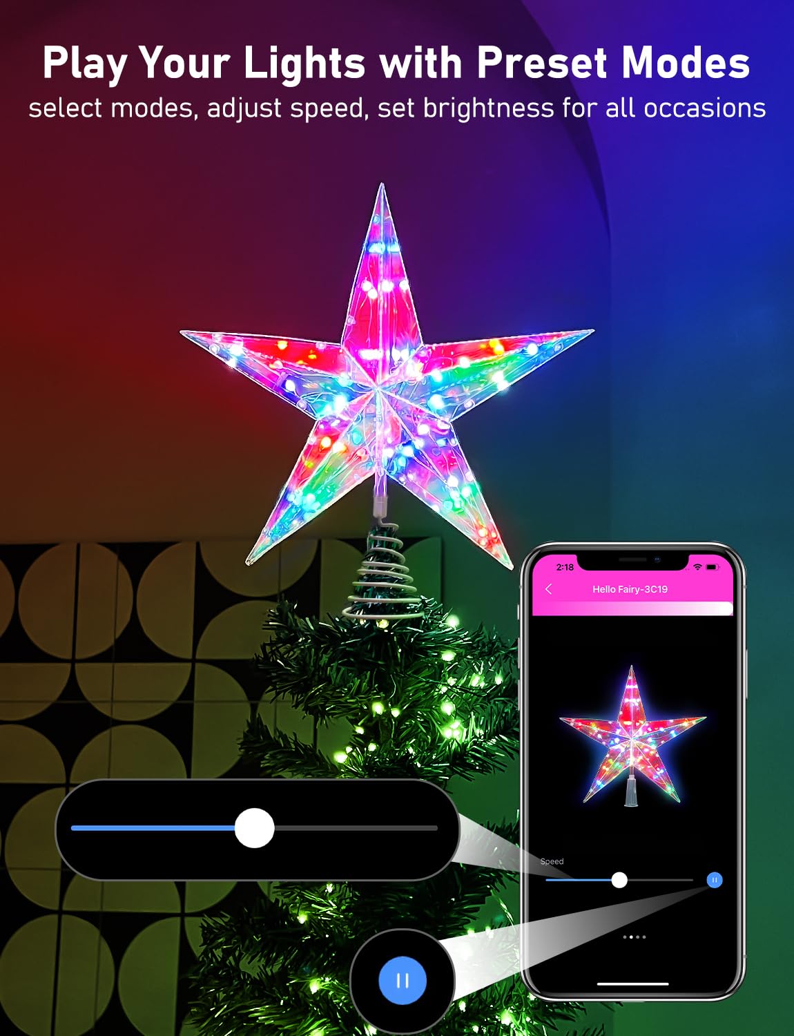 Decoración para árbol de Navidad con aplicación inteligente y control remoto, decoración de estrella de Navidad iluminada con bricolaje, regulable, música, temporizador, estrella de árbol de Navidad