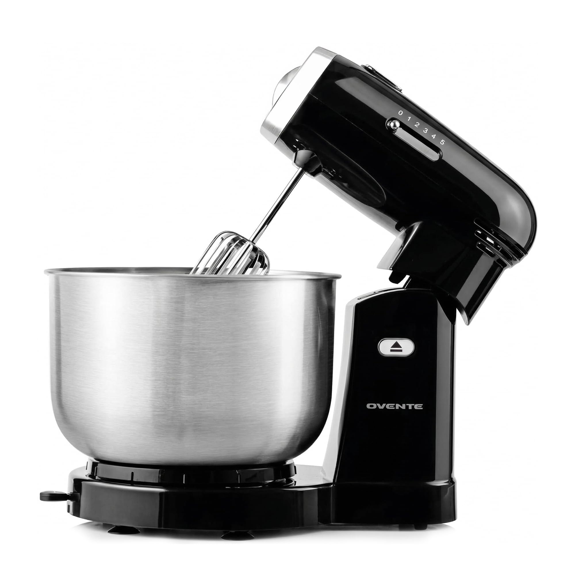 Ovente Electric Kitchen Stand Mixer 3.5 Quart Detachable Stainless Steel Mixing Bowl, 5 Speed Control, 250 Watt Power, 2 Blender Attachments Egg Beater and Dough Hook Black SM680B-image-42