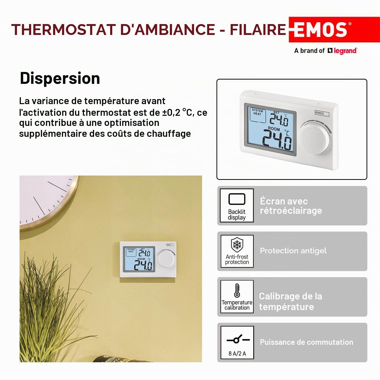 EMOS - Thermostat numérique avec écran LCD - Manuel, Filaire - Chauffage/climatisation - Plage température 5-35 °C - Montage en Surface - Utilisation Simple - Pile Incluse - Blanc