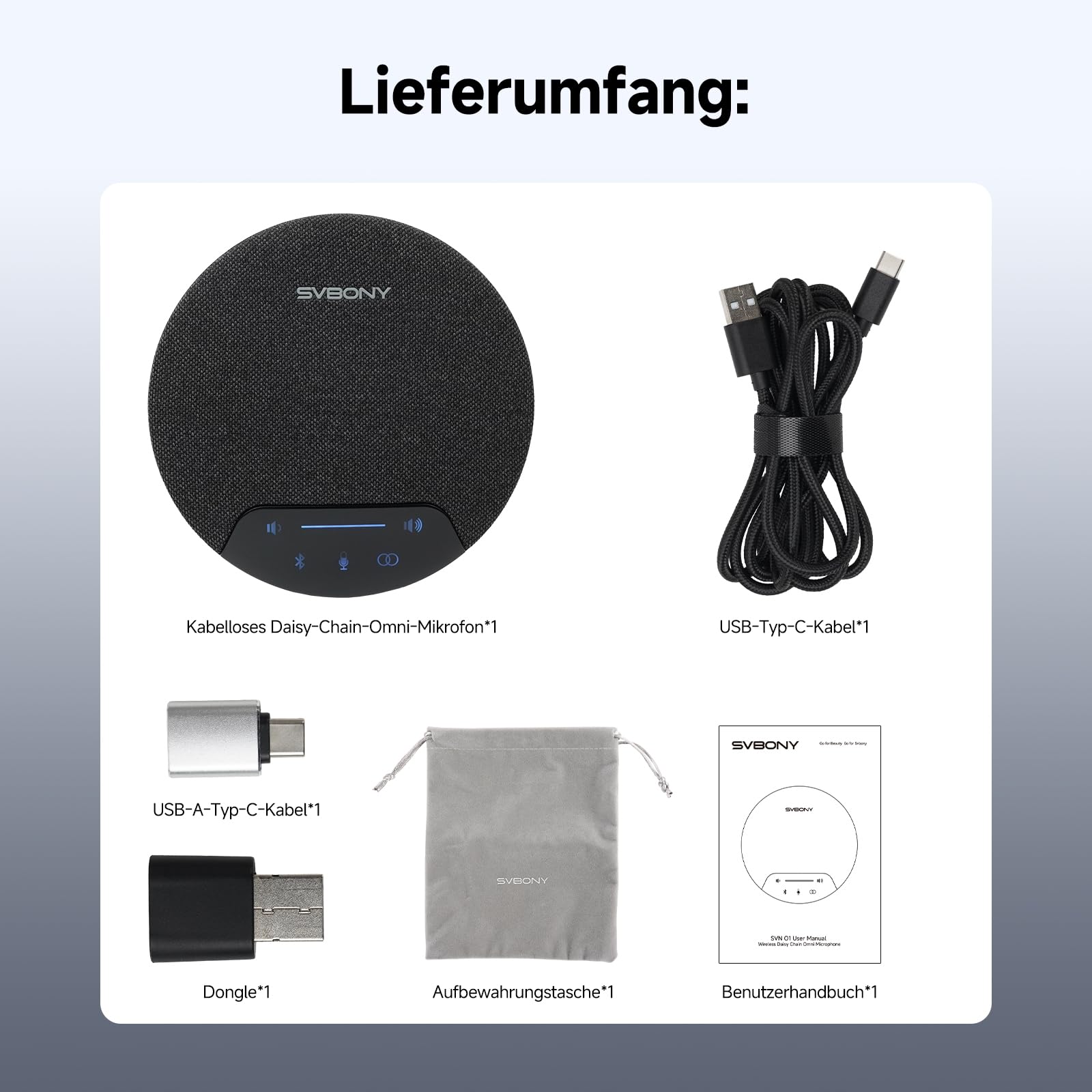 SVBONY SVN O1 Zweikanal-Funk Conference Microphone für 2-6 Personen | mit 3A+KI-Geräuschunterdrückung, 4 Mikrofonen für 360°-Sprachaufnahme, 3 Plug-&-Play-Anschlüsse für Kleine Büros