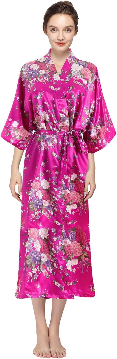 Kimono Robe Femmes, Femmes Chemises De Nuit Paon Et Fleurs, Soyeux Robe
