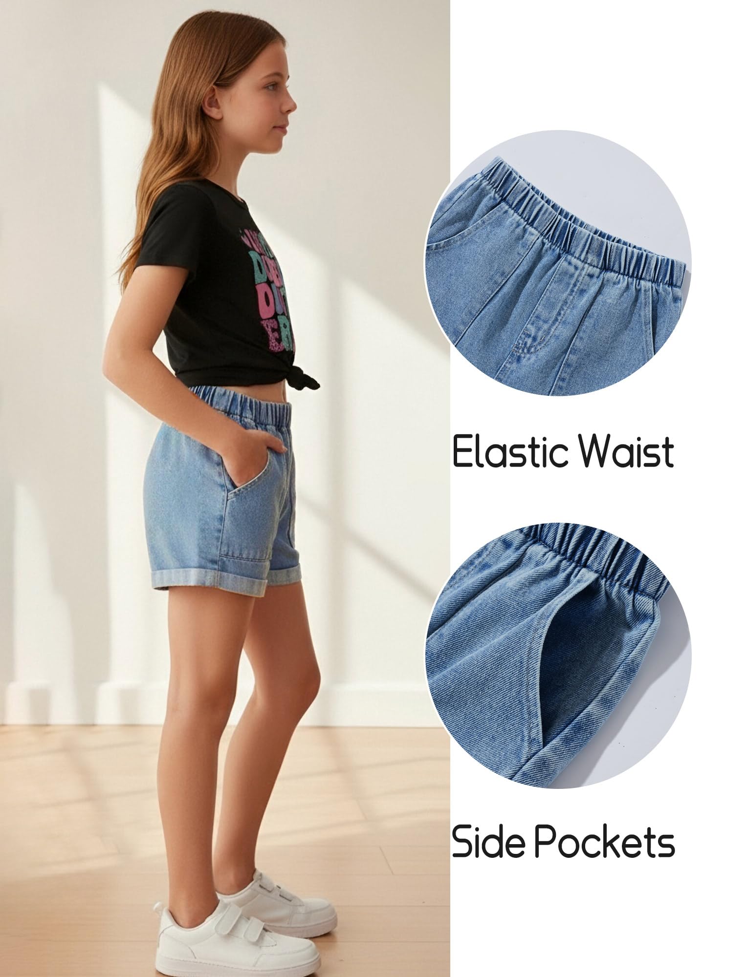 Happy Cherry Pantalones cortos de mezclilla de algodón elástico de cintura alta para niña, pantalones cortos de verano casuales con bolsillos para niños de 8 a 12 años