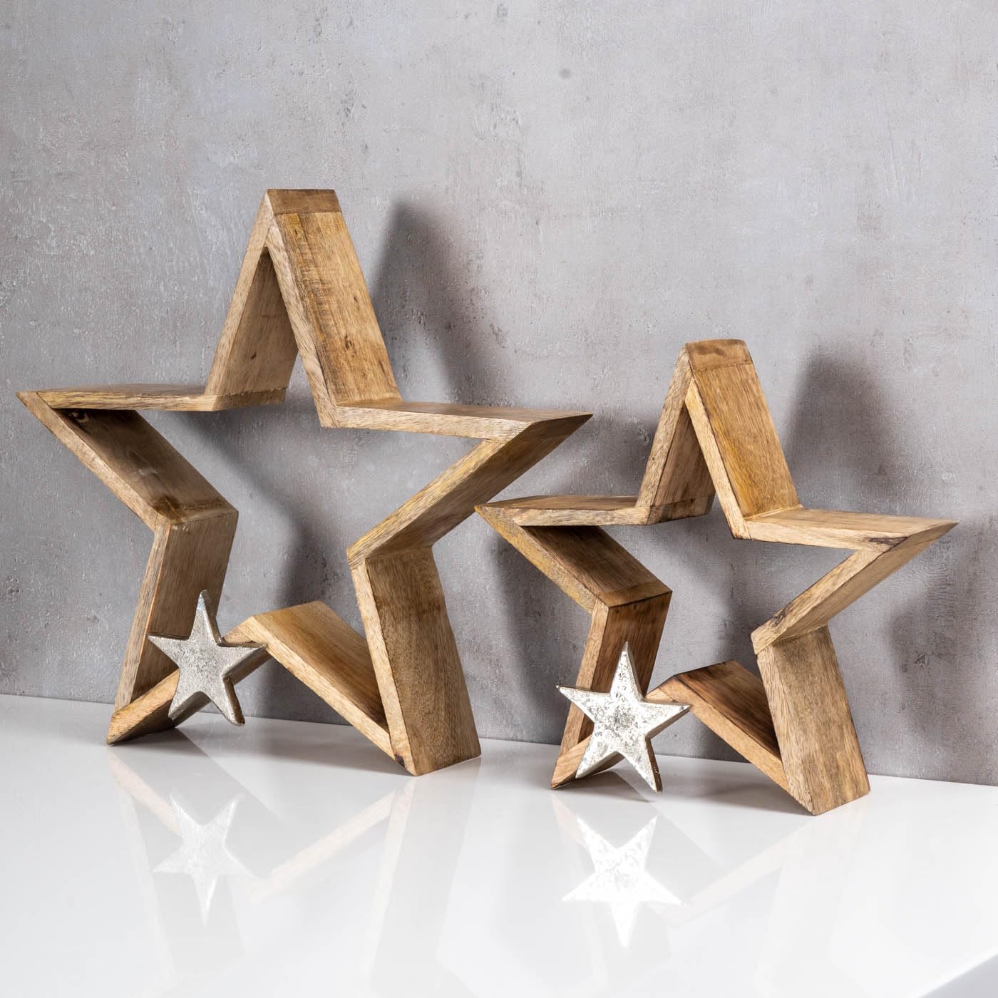 levandeo 2er Set Sterne 25-33cm Mango Holz Natur Braun Silber Weihnachtsdeko Tischdeko Dekoration Deko Aufsteller Weihnachten Wohndekoration Geschenk