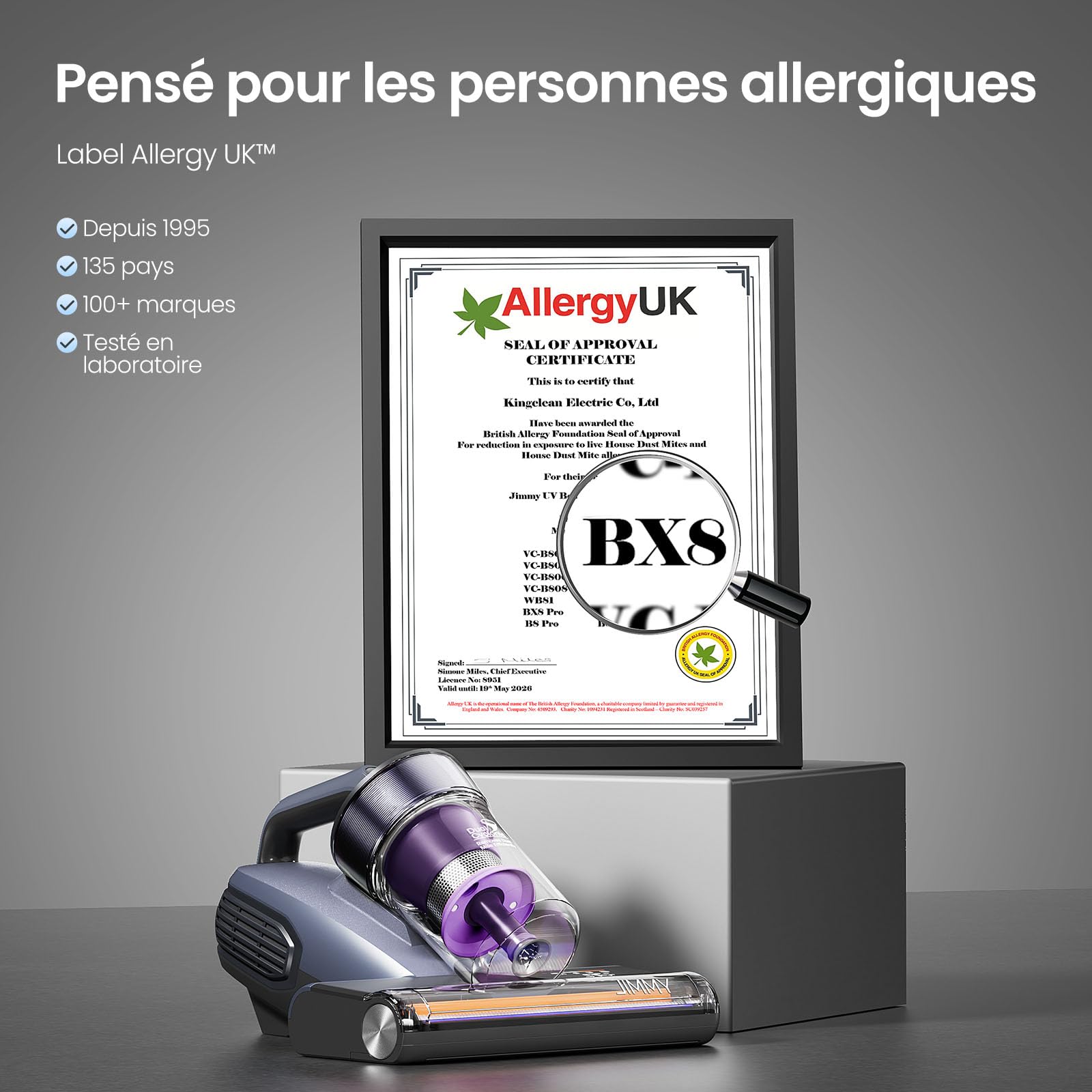 Jimmy BX8 Aspirateur à Main pour Matelas 15kPa Aspirateur Anti-Acariens avec Lampe UV-C, Chauffage à 65°C, Capteur d'acariens, écran LED, Fonction ions Négatifs, pour Matelas, lit, Canapé (Violet)