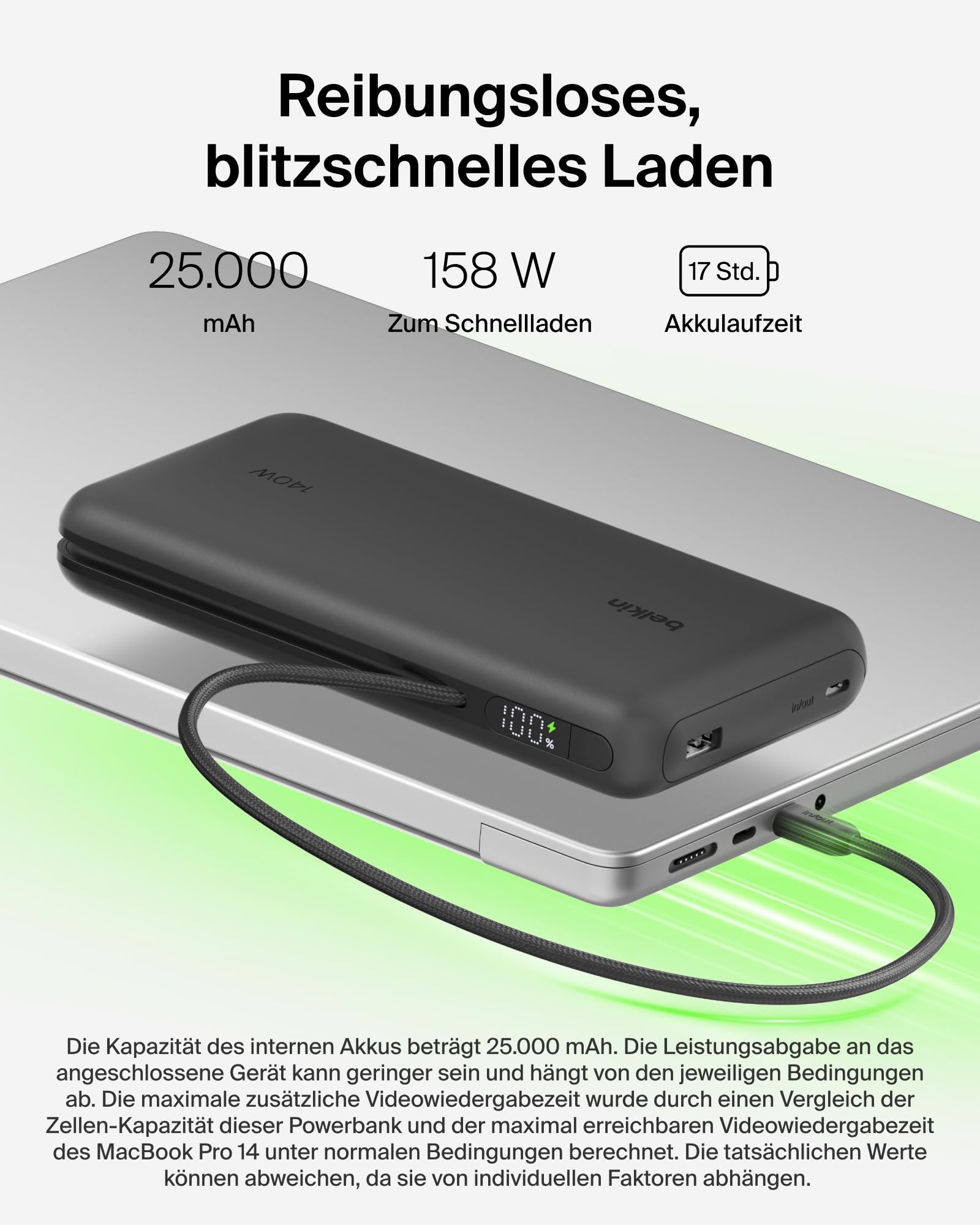 Belkin UltraCharge Pro 25000mAh Power Bank Laptop, Schnellladen – Schwarz | 25K Powerbank, 1 USB-C-Port + Kabel, 1 USB-A-Port, 158W Akkupack mit Power Delivery, Bereits Aufgeladen, Digitalanzeige